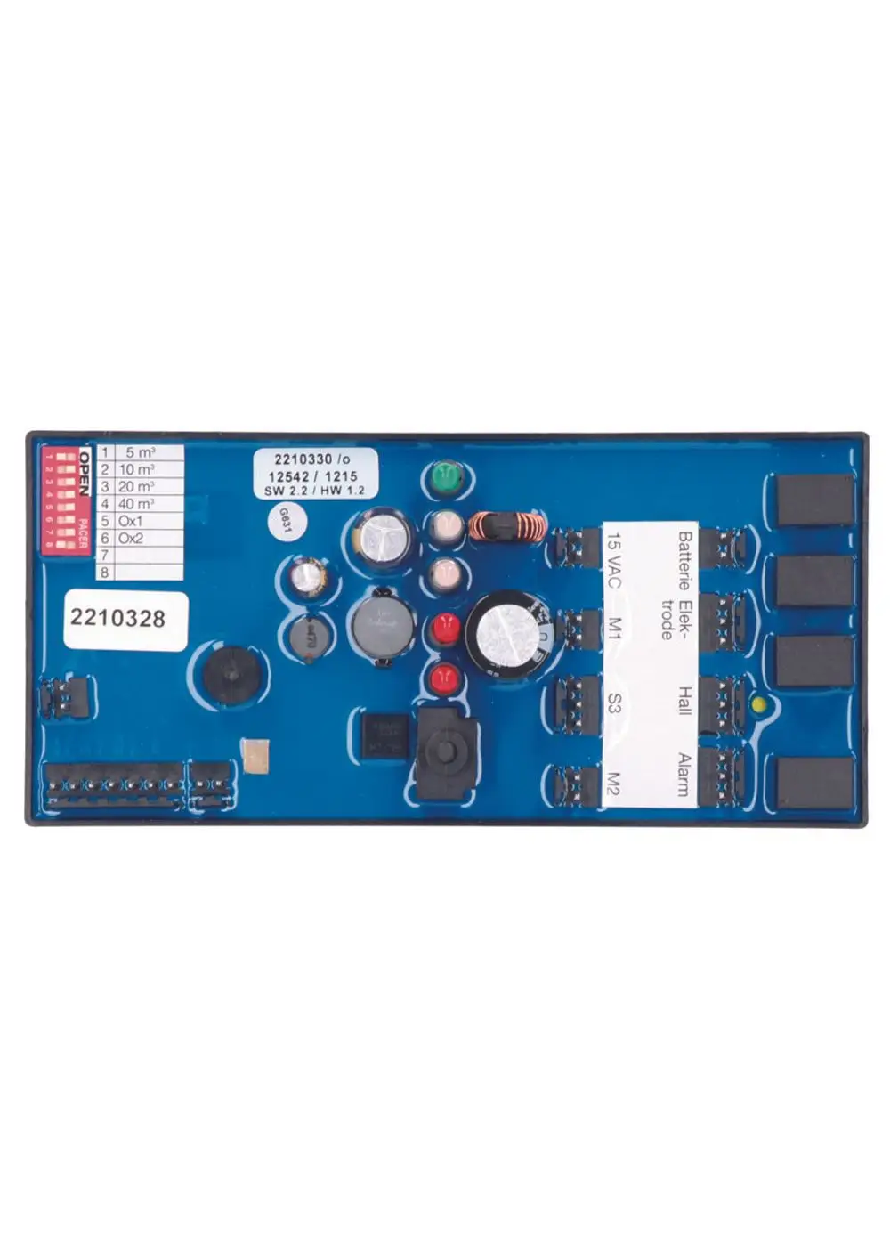 Elektronische Steuerplatine von Judo, ausgestattet mit mehreren Anschlusssteckplätzen, Widerständen, Kondensatoren und LED-Anzeigen.